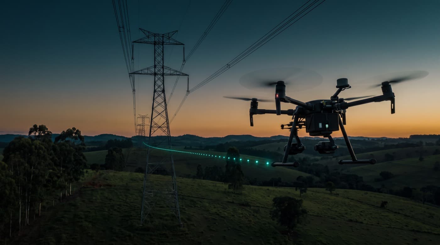 Drone com sensor embarcado sobrevoando o corredor da linha ao entardecer, ao lado de uma torre de transmissão; uma trilha de pontos luminosos marca a trajetória planejada ao longo do vão.