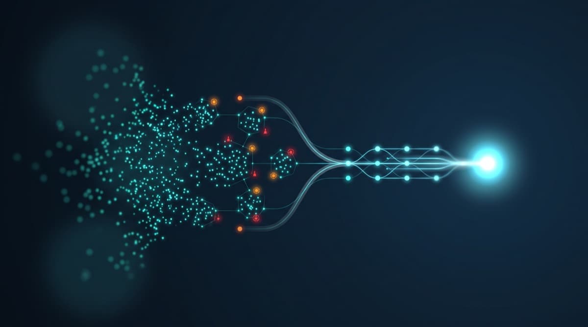 Ilustração abstrata: uma nuvem de pontos dispersos à esquerda se organiza em nós conectados e converge em um único ponto luminoso à direita.